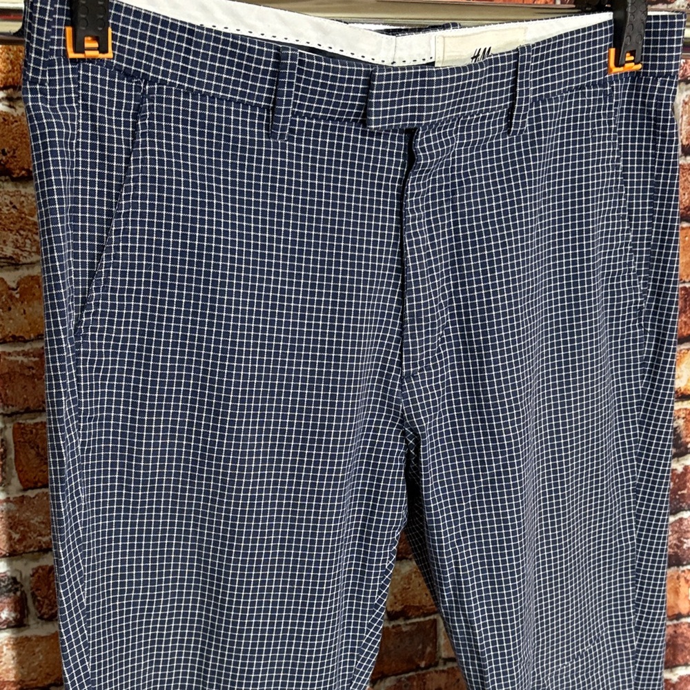 H&M Men's navy blue white Checkered Pants 34 x 32 slim trousers windowpane